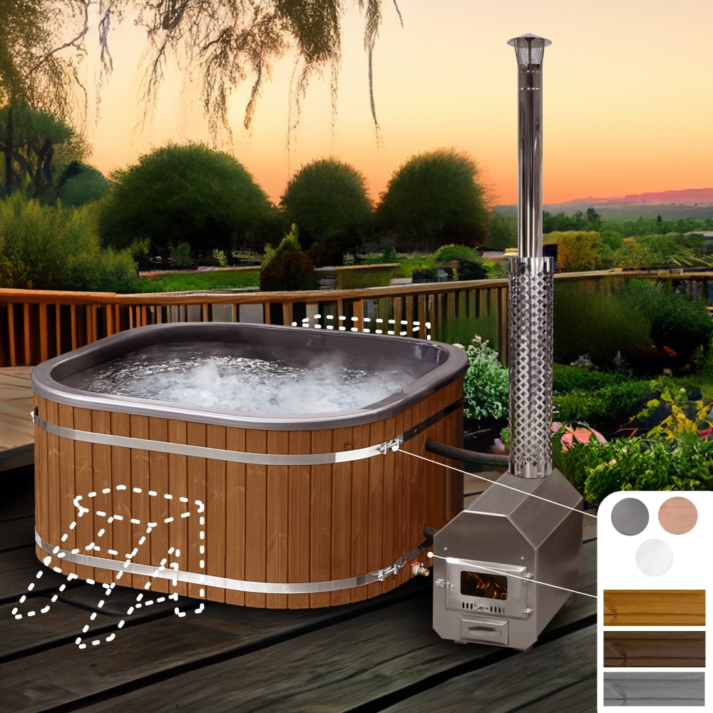 Configure Square Wood Fired Hot Tub for 6-8 Persons | External Heater