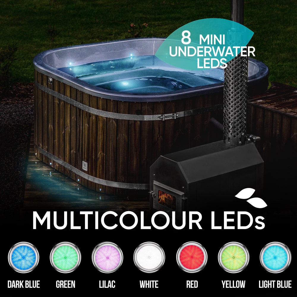 Square Wood Fired Hot Tub with Jets | External stove, sand filter & UV-C | 16 jets | 4–8 seater