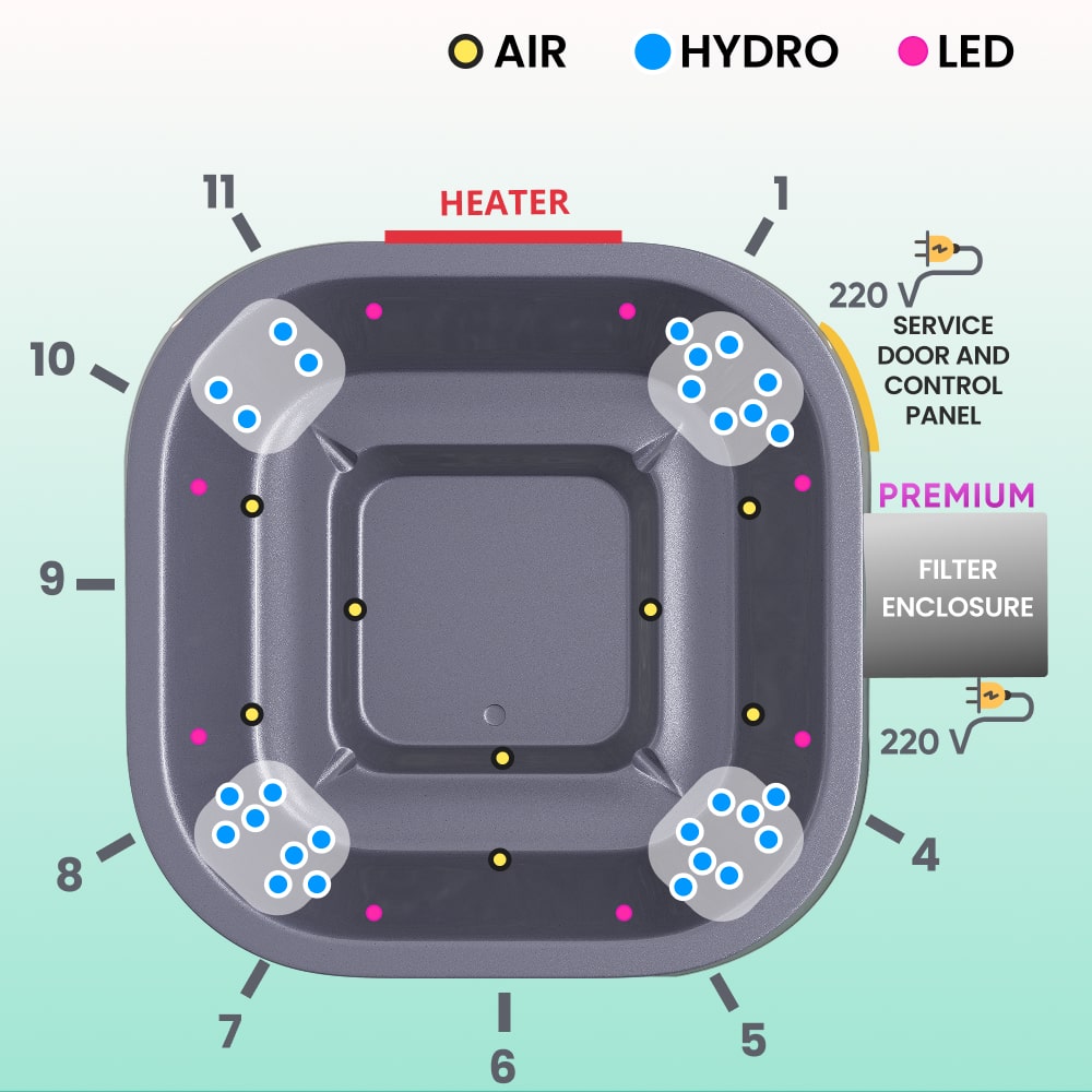 Square Wood Fired Hot Tub for 4-8 | With 28 Hydro Jets | Horizon Heater