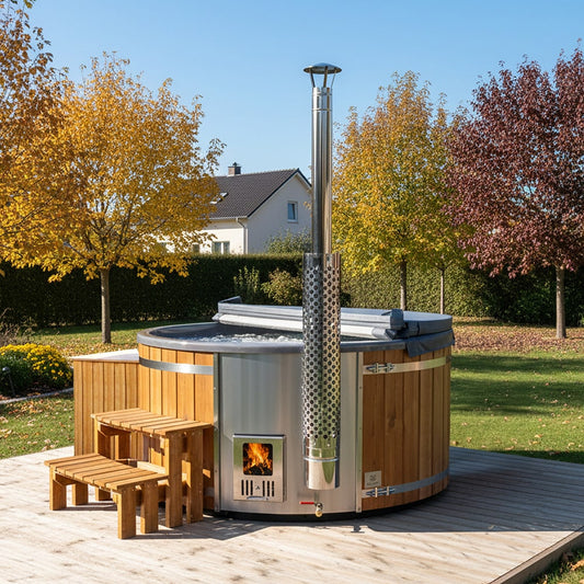 Super Offer Wood Fired Hot Tub | Grey 4-6 | Preconfigured | Sand Filter + UV-C | AISI316
