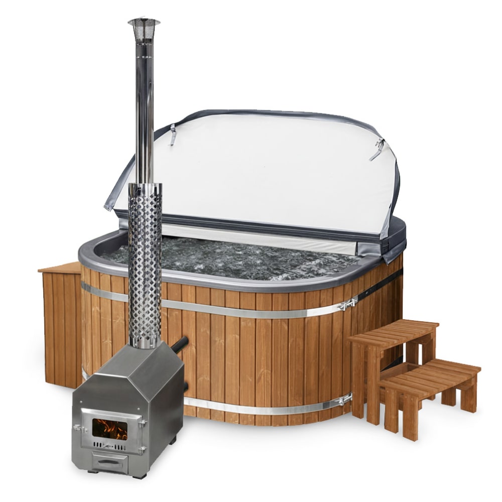 Premium Sandfilter Square Wood Fired Hot Tub with Jets | External stove | 24 jets | 4–8 seater