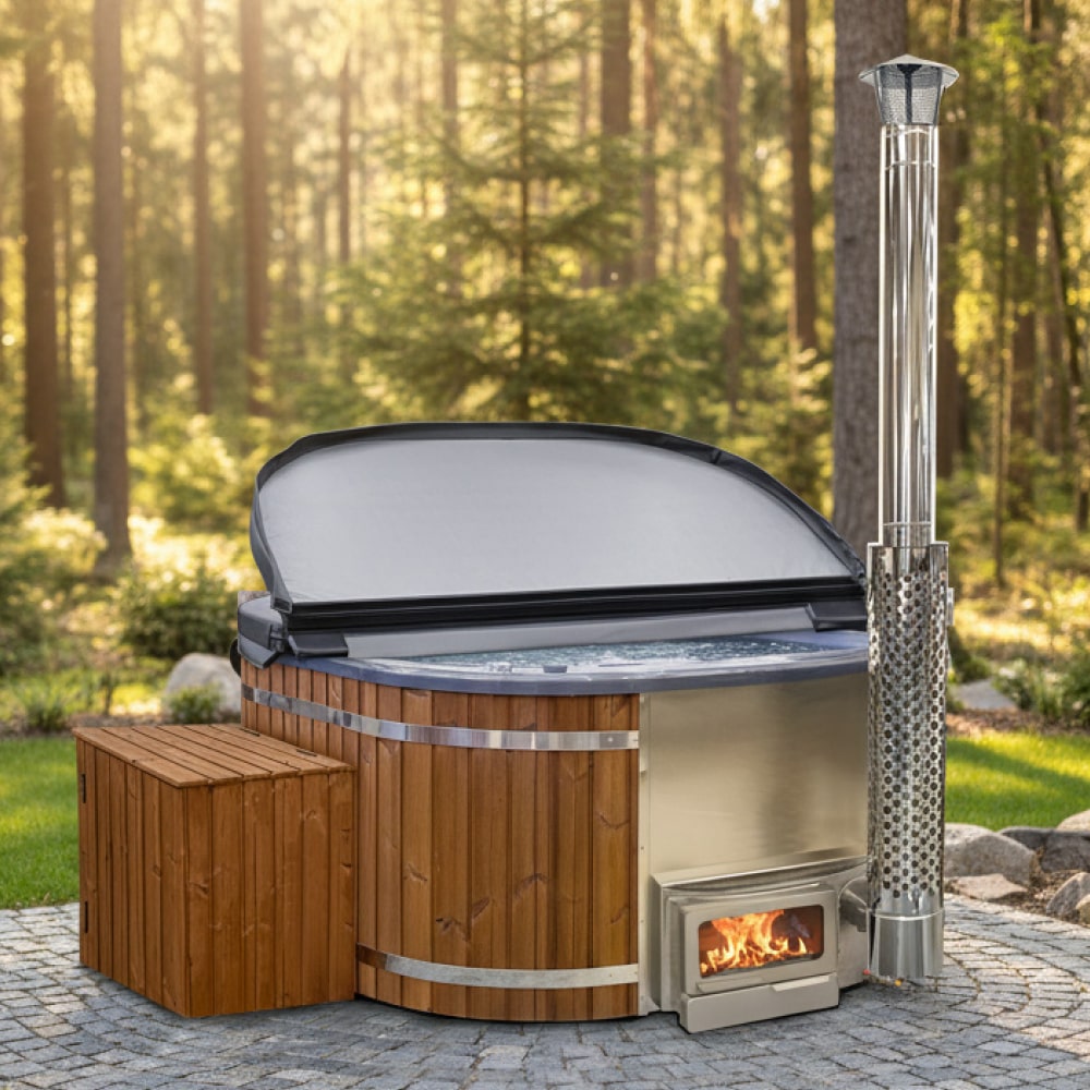 Premium Sandfilter Square Wood Fired Hot Tub with Jets | Horizon™ stove | 24 jets | 4–8 seater