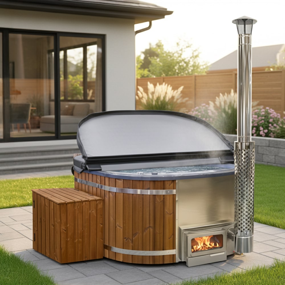 Square Wood Fired Hot Tub for 4-8 | With 28 Hydro Jets | Horizon Heater