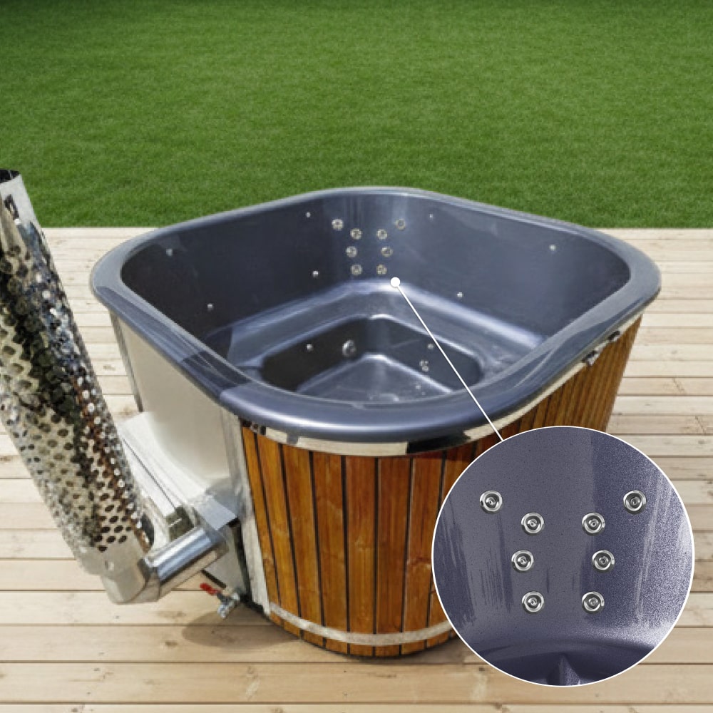 Square Wood Fired Hot Tub for 4-8 | With 28 Hydro Jets | Horizon Heater