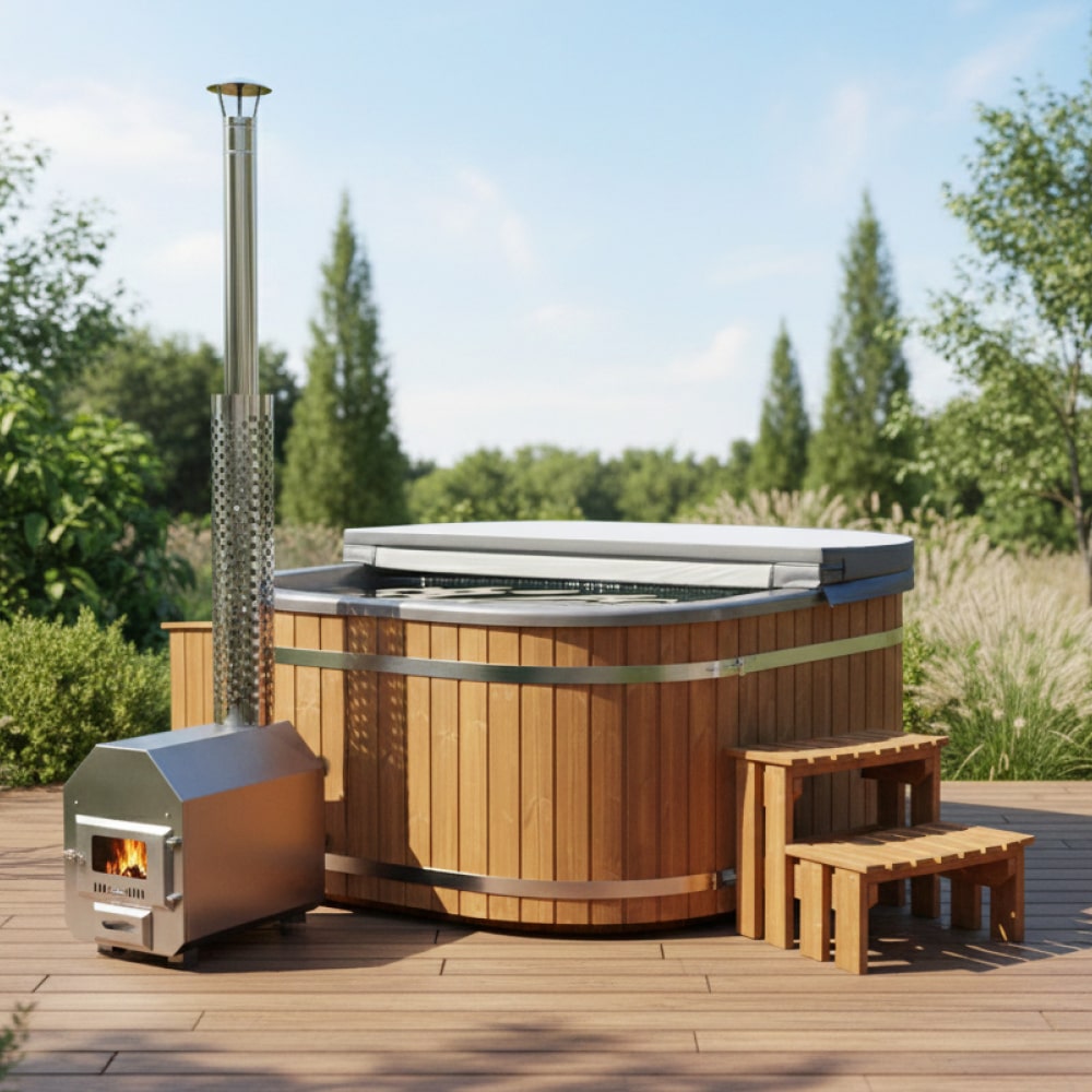 Square Wood Fired Hot Tub for 4-8 | Targeted Massage With 28 Hydro Jets | External Heater