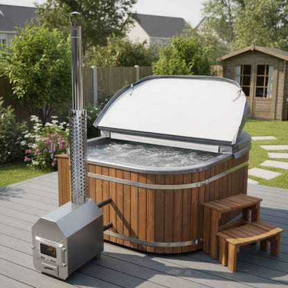Square Wood Fired Hot Tub with Jets | External stove, sand filter & UV-C | 16 jets | 4–8 seater