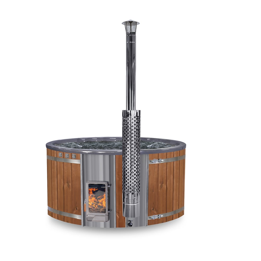 Wood-fired hot tub with wooden exterior and metal interior on a white background