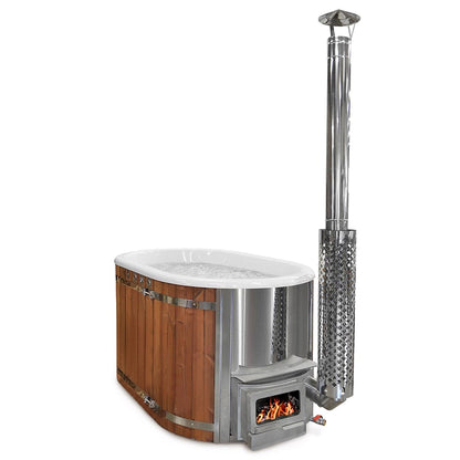 An ofuro hot tub with a wooden exterior, stainless steel integrated heater, and a visible chimney flue.