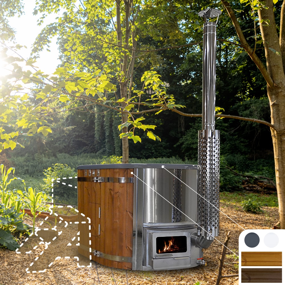 Wood-fired hot tub with stainless steel chimney in a garden setting