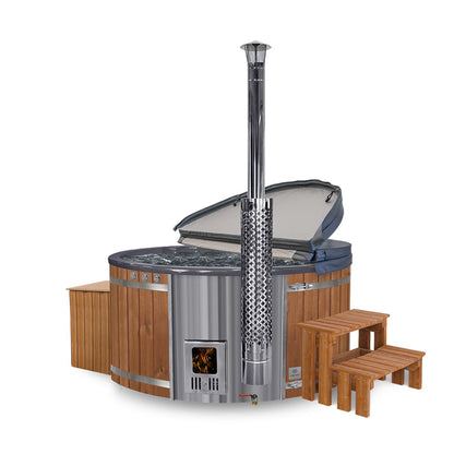 Super Offer Wood Fired Hot Tub | Grey 4-6 | Preconfigured | Sand Filter + UV-C | AISI316