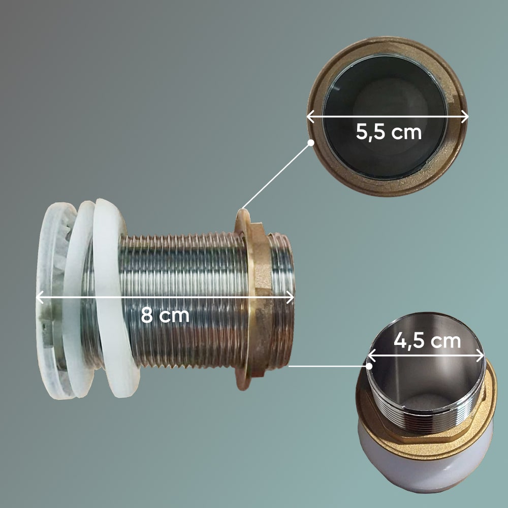 Detailed view of a plumbing component with measurements on a gray background
