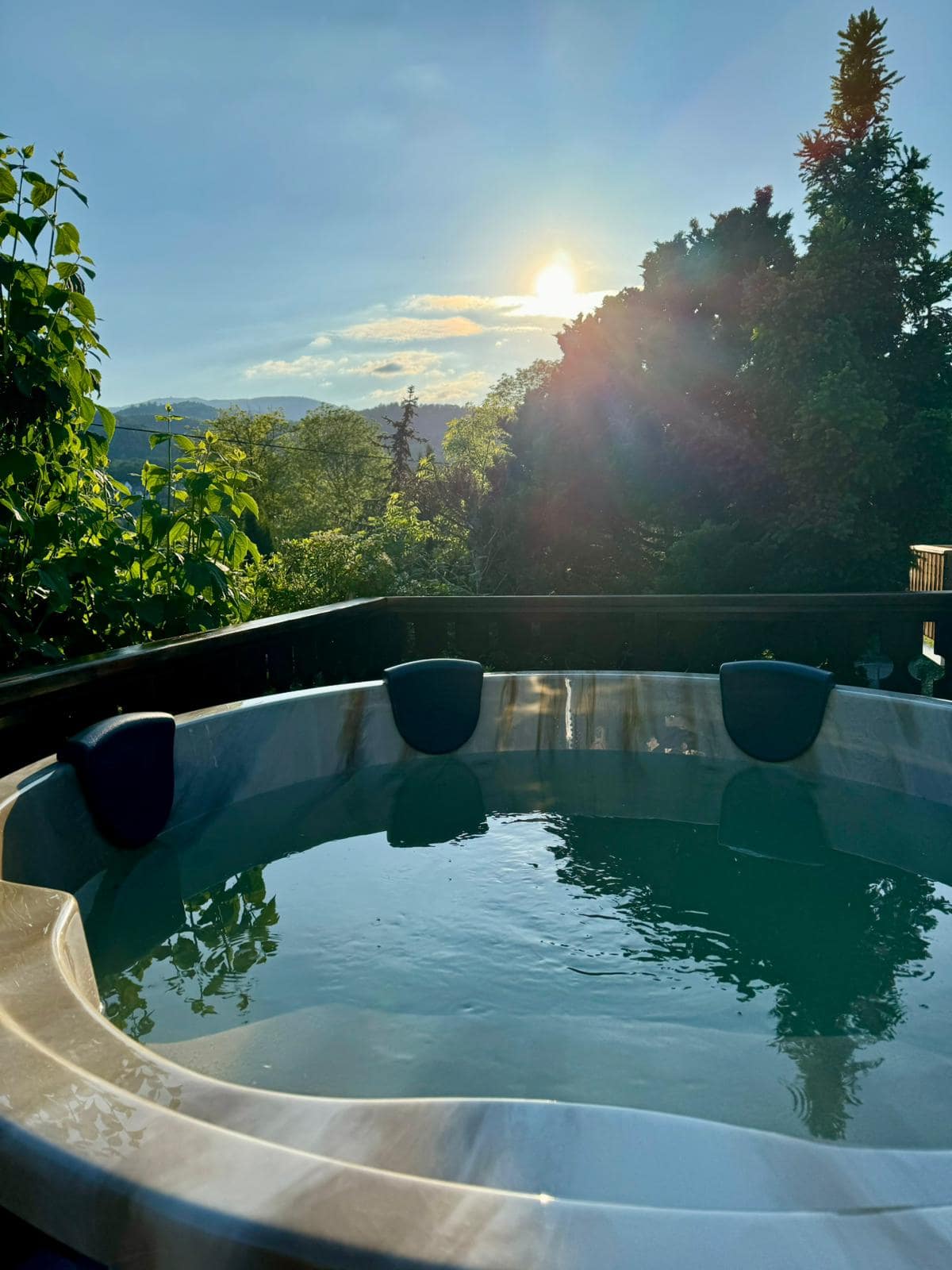 Gardenvity customer photo of a hot tub in a French garden at sunset
