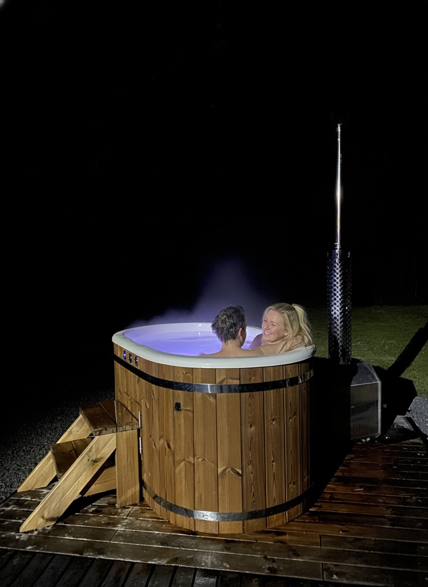Couple relaxing in Gardenvity wood fired hot tub Ofuro at night with LED lighting and cozy atmosphere.